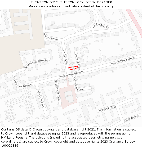 2, CARLTON DRIVE, SHELTON LOCK, DERBY, DE24 9EP: Location map and indicative extent of plot