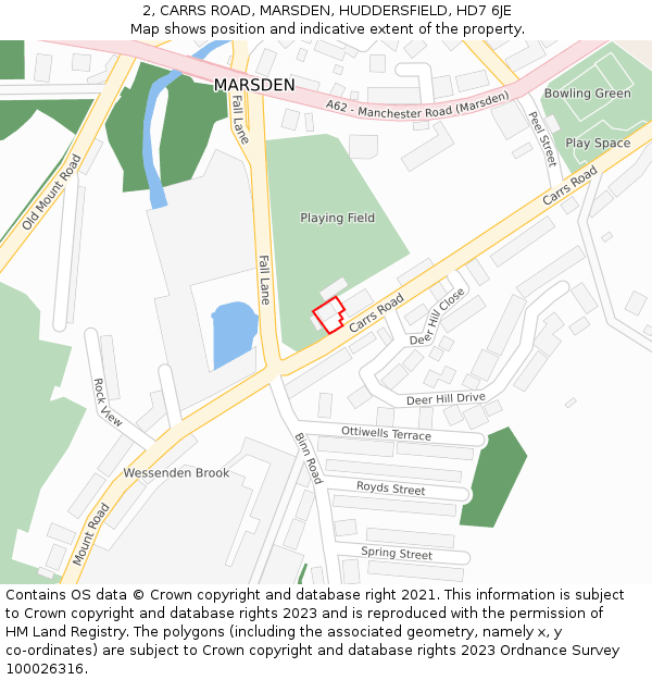 2, CARRS ROAD, MARSDEN, HUDDERSFIELD, HD7 6JE: Location map and indicative extent of plot