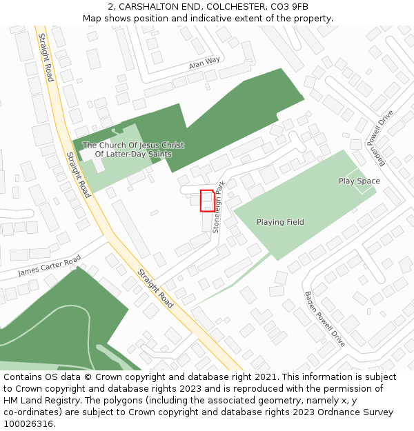 2, CARSHALTON END, COLCHESTER, CO3 9FB: Location map and indicative extent of plot