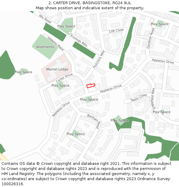 2, CARTER DRIVE, BASINGSTOKE, RG24 9UL: Location map and indicative extent of plot