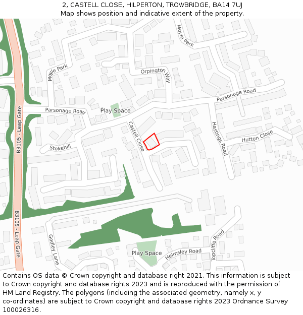 2, CASTELL CLOSE, HILPERTON, TROWBRIDGE, BA14 7UJ: Location map and indicative extent of plot