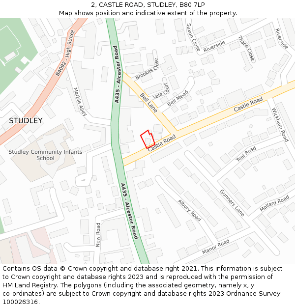 2, CASTLE ROAD, STUDLEY, B80 7LP: Location map and indicative extent of plot