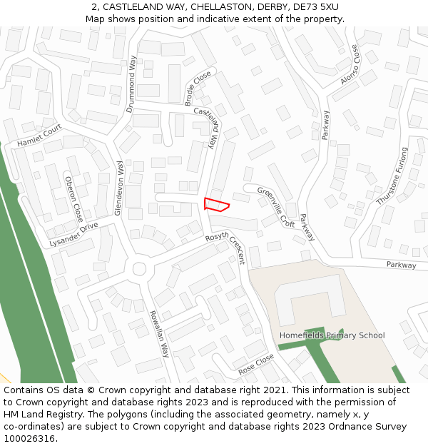 2, CASTLELAND WAY, CHELLASTON, DERBY, DE73 5XU: Location map and indicative extent of plot