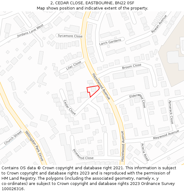 2, CEDAR CLOSE, EASTBOURNE, BN22 0SF: Location map and indicative extent of plot