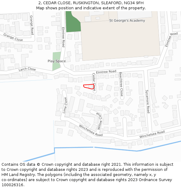 2, CEDAR CLOSE, RUSKINGTON, SLEAFORD, NG34 9FH: Location map and indicative extent of plot