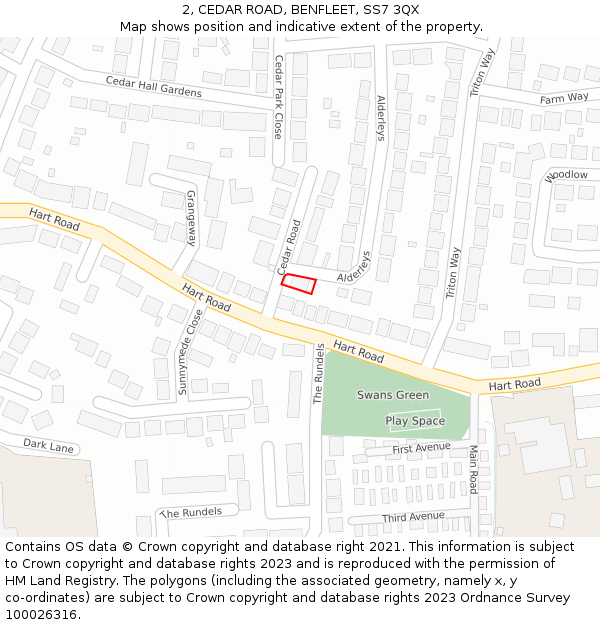 2, CEDAR ROAD, BENFLEET, SS7 3QX: Location map and indicative extent of plot