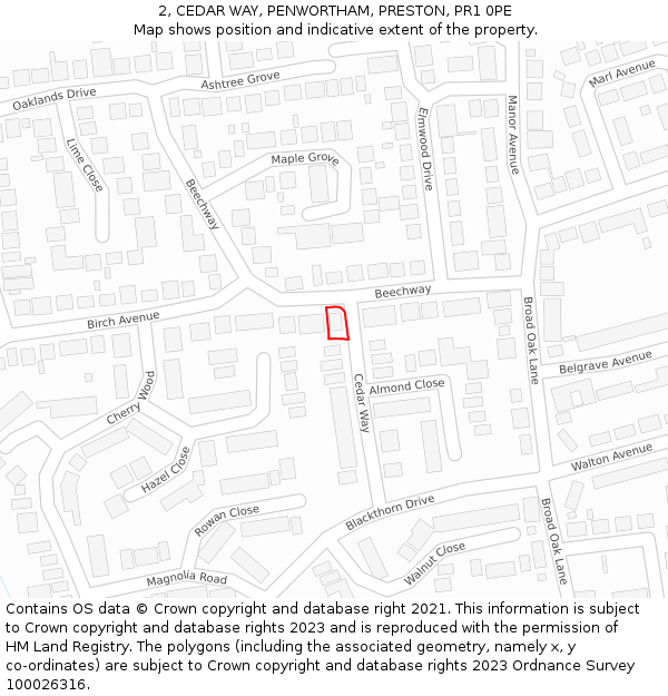 2, CEDAR WAY, PENWORTHAM, PRESTON, PR1 0PE: Location map and indicative extent of plot