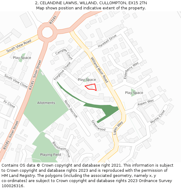 2, CELANDINE LAWNS, WILLAND, CULLOMPTON, EX15 2TN: Location map and indicative extent of plot