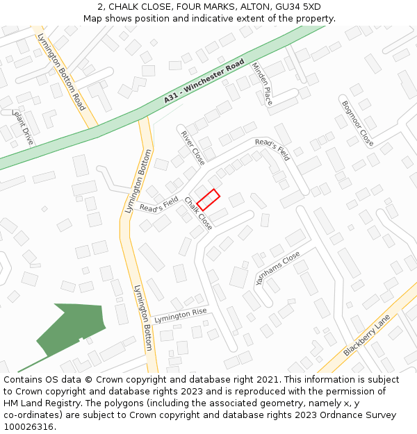 2, CHALK CLOSE, FOUR MARKS, ALTON, GU34 5XD: Location map and indicative extent of plot