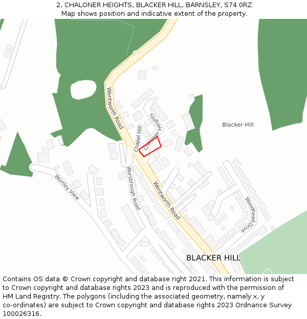 2, CHALONER HEIGHTS, BLACKER HILL, BARNSLEY, S74 0RZ: Location map and indicative extent of plot