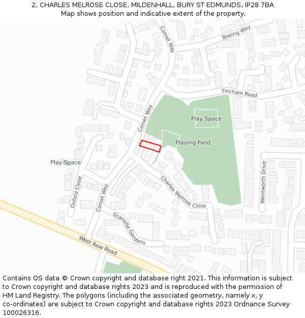 2, CHARLES MELROSE CLOSE, MILDENHALL, BURY ST EDMUNDS, IP28 7BA: Location map and indicative extent of plot