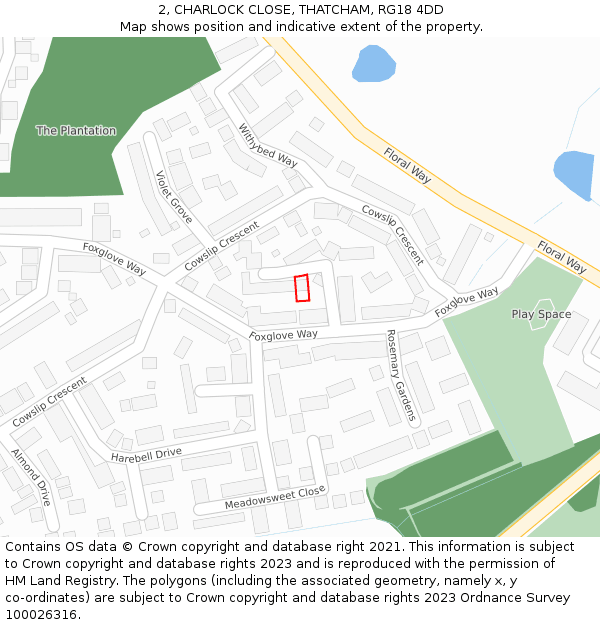 2, CHARLOCK CLOSE, THATCHAM, RG18 4DD: Location map and indicative extent of plot
