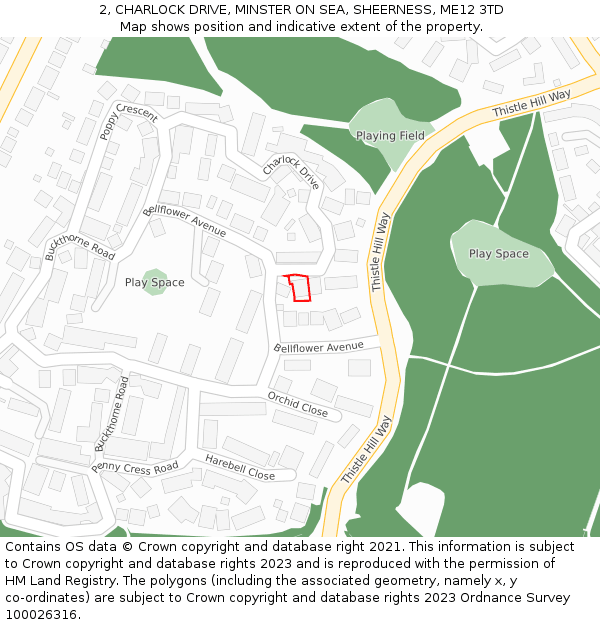2, CHARLOCK DRIVE, MINSTER ON SEA, SHEERNESS, ME12 3TD: Location map and indicative extent of plot