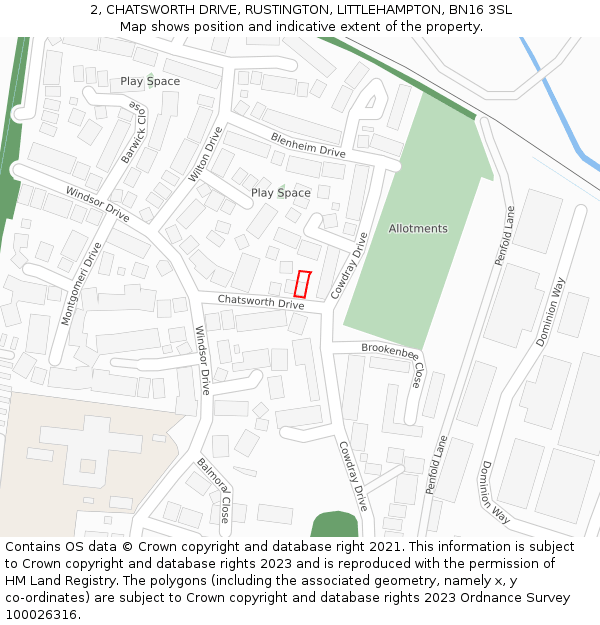 2, CHATSWORTH DRIVE, RUSTINGTON, LITTLEHAMPTON, BN16 3SL: Location map and indicative extent of plot