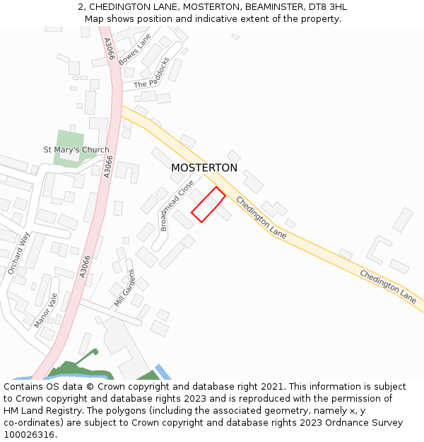 2, CHEDINGTON LANE, MOSTERTON, BEAMINSTER, DT8 3HL: Location map and indicative extent of plot