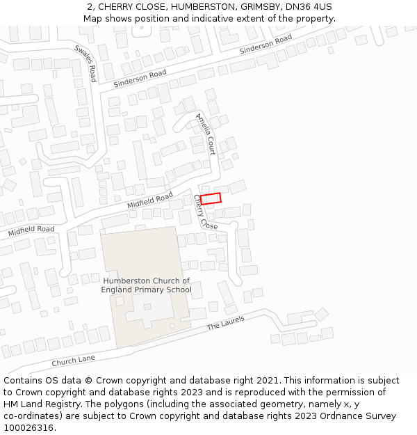 2, CHERRY CLOSE, HUMBERSTON, GRIMSBY, DN36 4US: Location map and indicative extent of plot