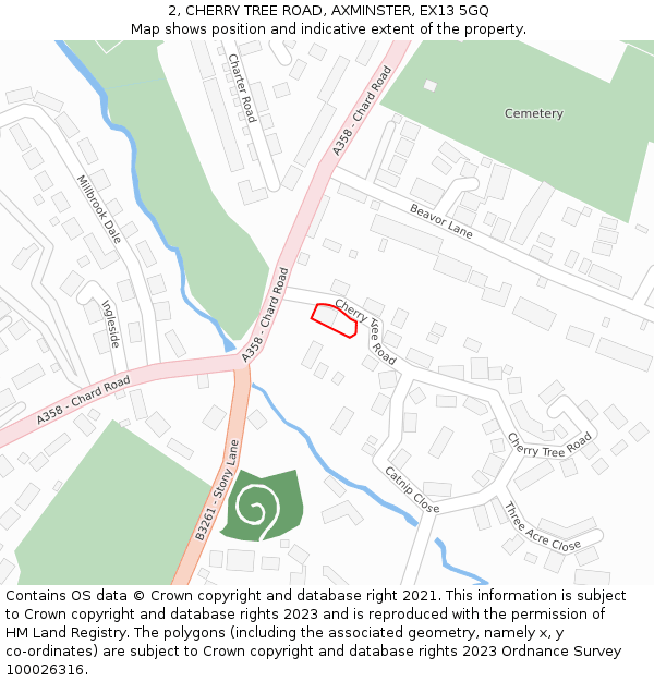 2, CHERRY TREE ROAD, AXMINSTER, EX13 5GQ: Location map and indicative extent of plot