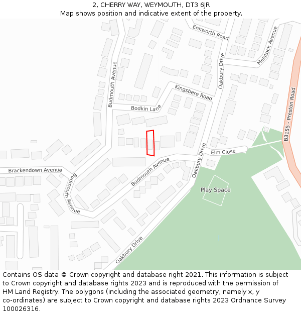 2, CHERRY WAY, WEYMOUTH, DT3 6JR: Location map and indicative extent of plot