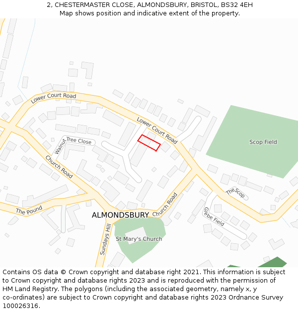 2, CHESTERMASTER CLOSE, ALMONDSBURY, BRISTOL, BS32 4EH: Location map and indicative extent of plot