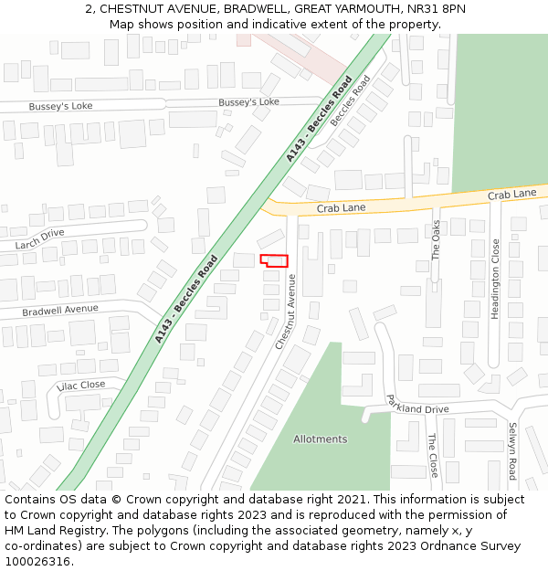 2, CHESTNUT AVENUE, BRADWELL, GREAT YARMOUTH, NR31 8PN: Location map and indicative extent of plot