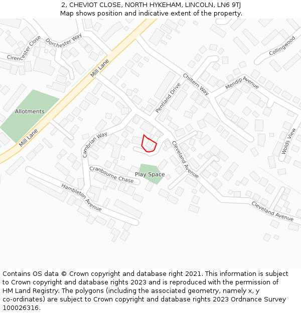 2, CHEVIOT CLOSE, NORTH HYKEHAM, LINCOLN, LN6 9TJ: Location map and indicative extent of plot