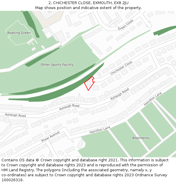 2, CHICHESTER CLOSE, EXMOUTH, EX8 2JU: Location map and indicative extent of plot