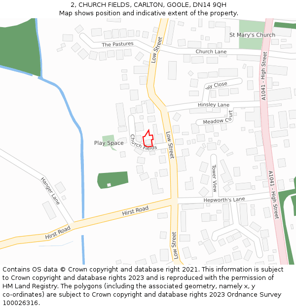 2, CHURCH FIELDS, CARLTON, GOOLE, DN14 9QH: Location map and indicative extent of plot
