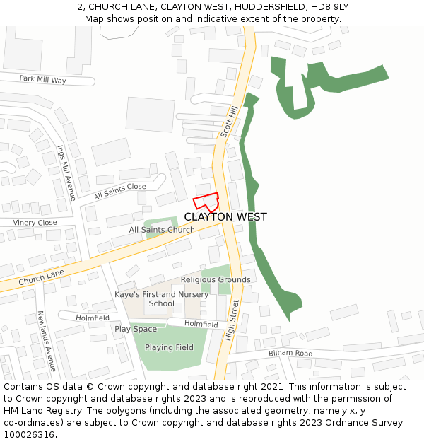 2, CHURCH LANE, CLAYTON WEST, HUDDERSFIELD, HD8 9LY: Location map and indicative extent of plot
