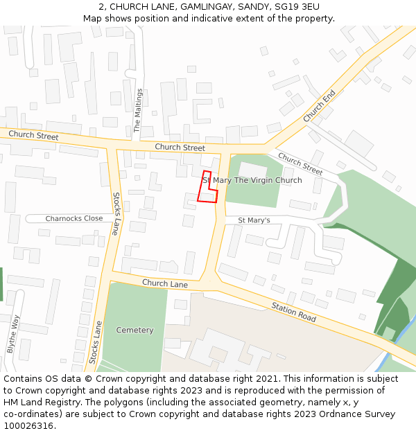 2, CHURCH LANE, GAMLINGAY, SANDY, SG19 3EU: Location map and indicative extent of plot