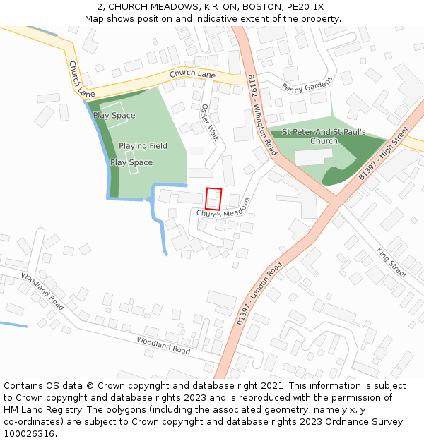 2, CHURCH MEADOWS, KIRTON, BOSTON, PE20 1XT: Location map and indicative extent of plot