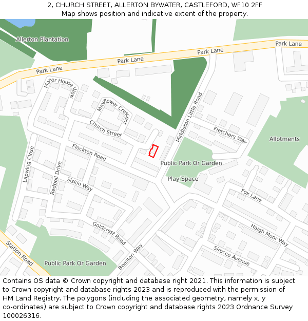 2, CHURCH STREET, ALLERTON BYWATER, CASTLEFORD, WF10 2FF: Location map and indicative extent of plot
