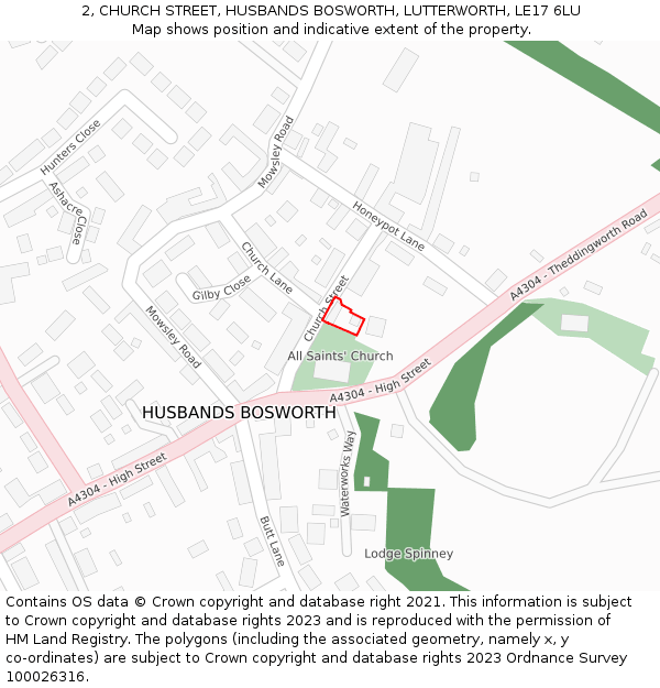 2, CHURCH STREET, HUSBANDS BOSWORTH, LUTTERWORTH, LE17 6LU: Location map and indicative extent of plot