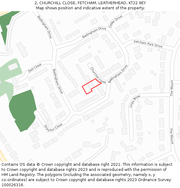 2, CHURCHILL CLOSE, FETCHAM, LEATHERHEAD, KT22 9EY: Location map and indicative extent of plot