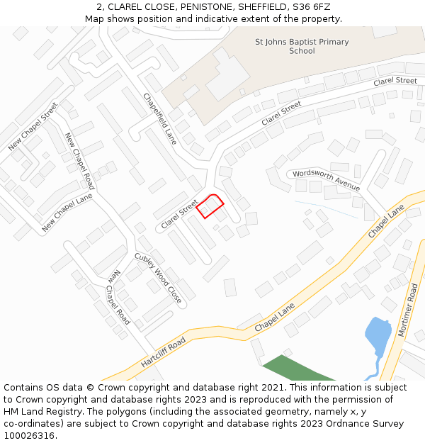 2, CLAREL CLOSE, PENISTONE, SHEFFIELD, S36 6FZ: Location map and indicative extent of plot