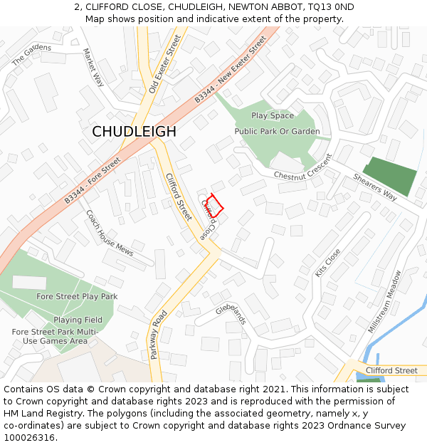 2, CLIFFORD CLOSE, CHUDLEIGH, NEWTON ABBOT, TQ13 0ND: Location map and indicative extent of plot