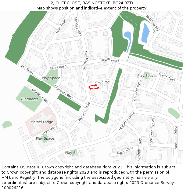 2, CLIFT CLOSE, BASINGSTOKE, RG24 9ZD: Location map and indicative extent of plot