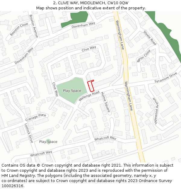 2, CLIVE WAY, MIDDLEWICH, CW10 0QW: Location map and indicative extent of plot