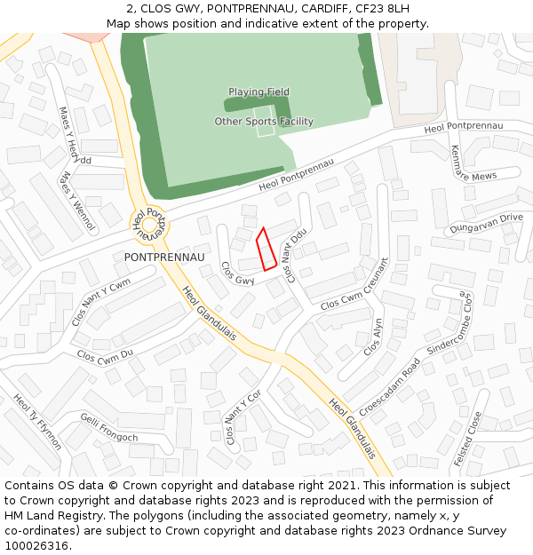 2, CLOS GWY, PONTPRENNAU, CARDIFF, CF23 8LH: Location map and indicative extent of plot
