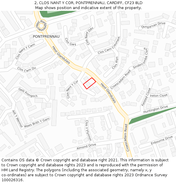 2, CLOS NANT Y COR, PONTPRENNAU, CARDIFF, CF23 8LD: Location map and indicative extent of plot