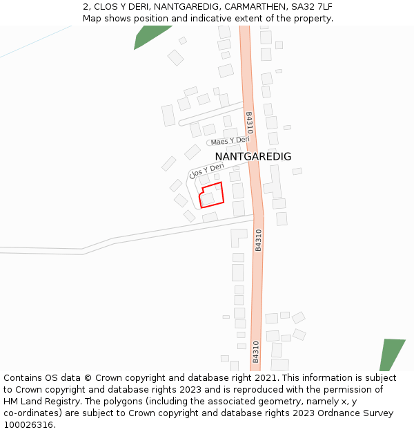 2, CLOS Y DERI, NANTGAREDIG, CARMARTHEN, SA32 7LF: Location map and indicative extent of plot