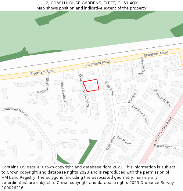 2, COACH HOUSE GARDENS, FLEET, GU51 4QX: Location map and indicative extent of plot