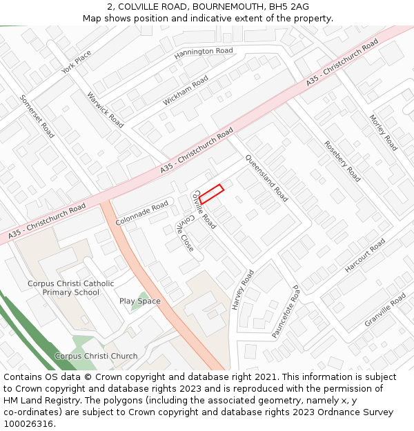 2, COLVILLE ROAD, BOURNEMOUTH, BH5 2AG: Location map and indicative extent of plot