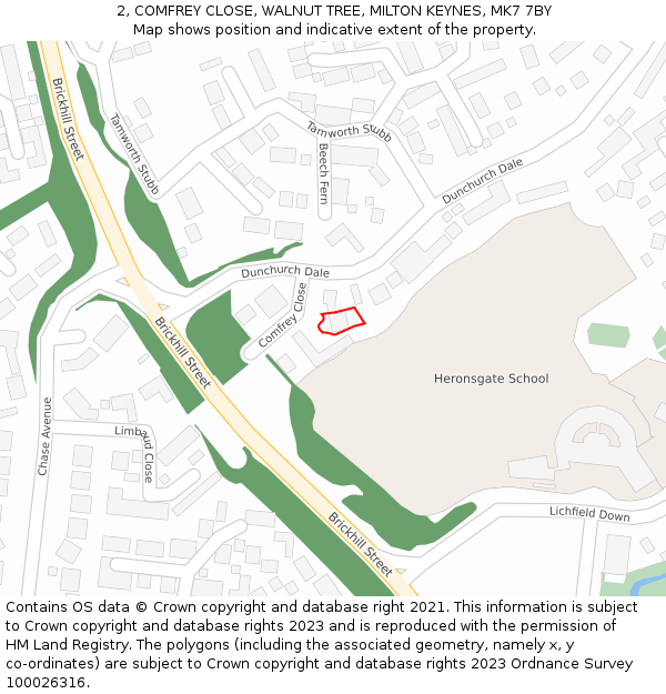 2, COMFREY CLOSE, WALNUT TREE, MILTON KEYNES, MK7 7BY: Location map and indicative extent of plot