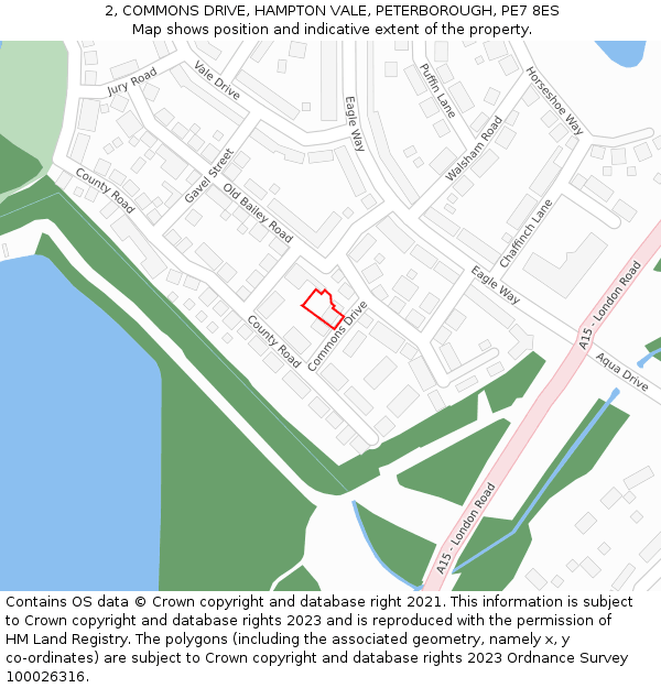2, COMMONS DRIVE, HAMPTON VALE, PETERBOROUGH, PE7 8ES: Location map and indicative extent of plot