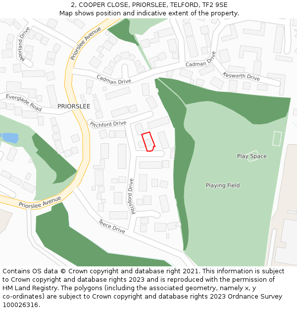 2, COOPER CLOSE, PRIORSLEE, TELFORD, TF2 9SE: Location map and indicative extent of plot