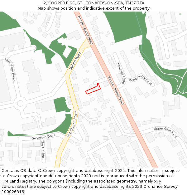 2, COOPER RISE, ST LEONARDS-ON-SEA, TN37 7TX: Location map and indicative extent of plot
