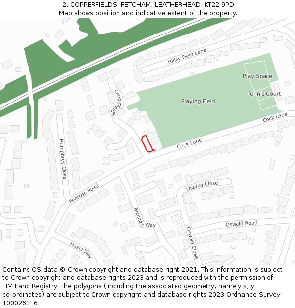 2, COPPERFIELDS, FETCHAM, LEATHERHEAD, KT22 9PD: Location map and indicative extent of plot