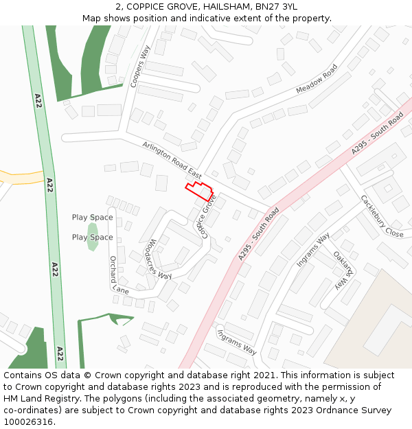 2, COPPICE GROVE, HAILSHAM, BN27 3YL: Location map and indicative extent of plot