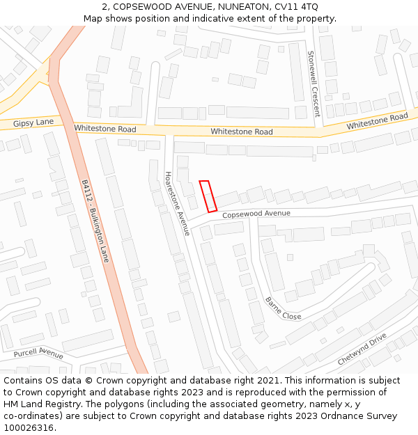 2, COPSEWOOD AVENUE, NUNEATON, CV11 4TQ: Location map and indicative extent of plot