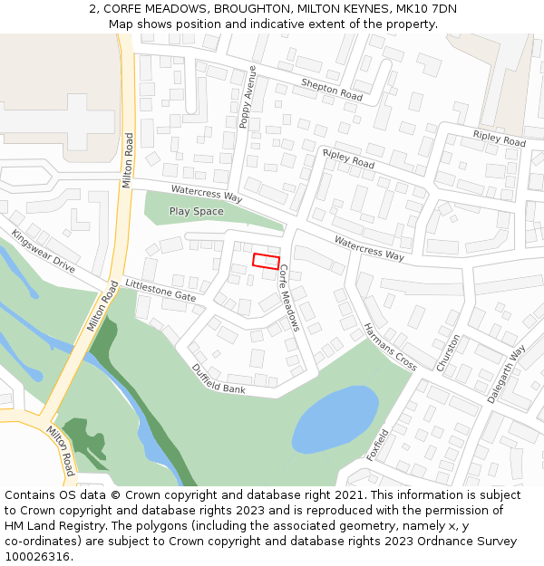 2, CORFE MEADOWS, BROUGHTON, MILTON KEYNES, MK10 7DN: Location map and indicative extent of plot